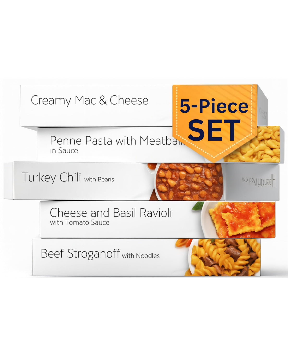 HMR Entrees 5-Pack Variety packaging shows shelf-stable meals for travel and office lunches.