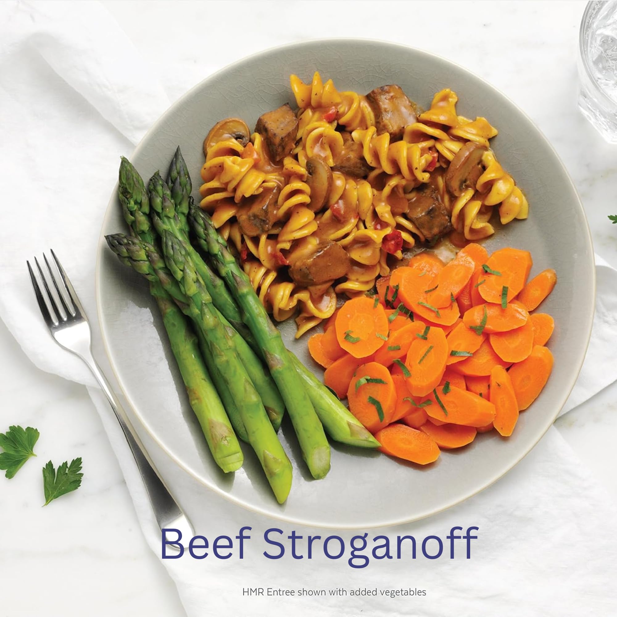 HMR Entrees nutrition label image highlights calories and protein per entrée.