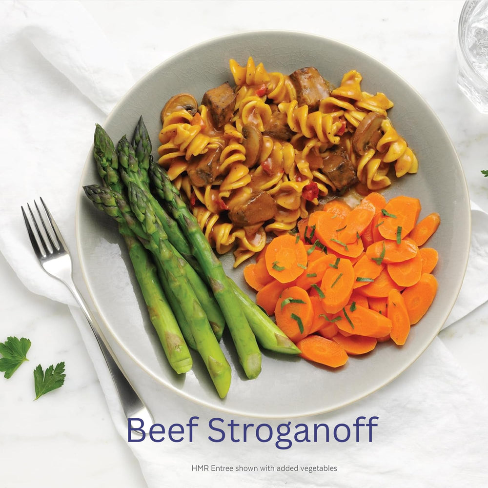 HMR Entrees nutrition label image highlights calories and protein per entrée.