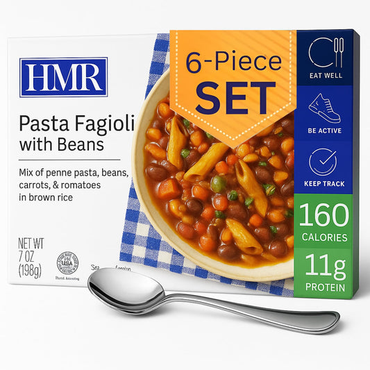 HMR Pasta Fagioli entrée, ready-to-eat 8oz serving, supports protein intake and portion control.