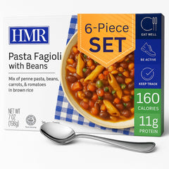 HMR Pasta Fagioli entrée, ready-to-eat 8oz serving, supports protein intake and portion control.
