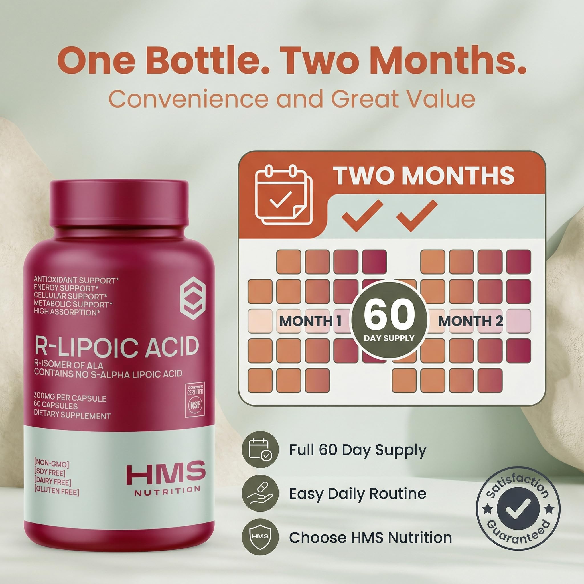 HMS Nutrition R-ALA bottle beside a relaxed user suggests nerve comfort support.