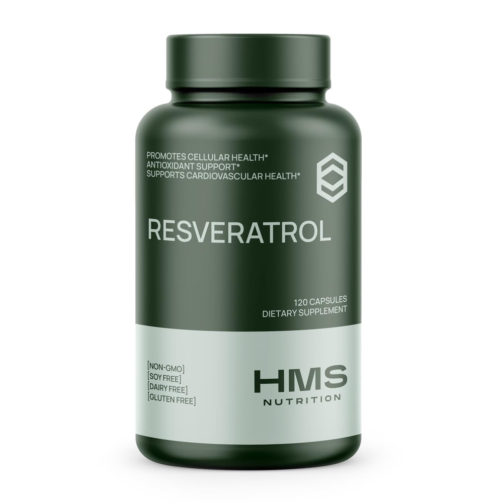 HMS Nutrition Resveratrol 1400 mg bottle shown for daily antioxidant support.