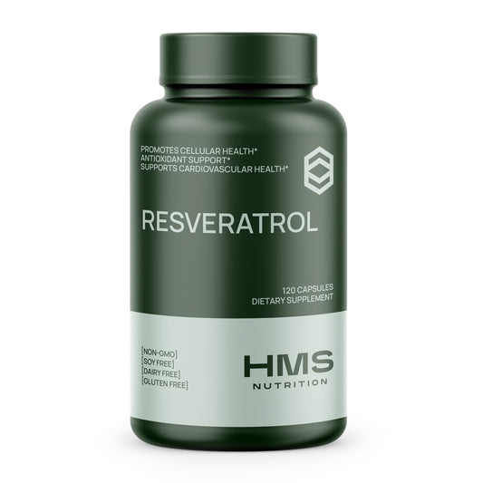 HMS Nutrition Resveratrol 1400 mg bottle shown for daily antioxidant support.