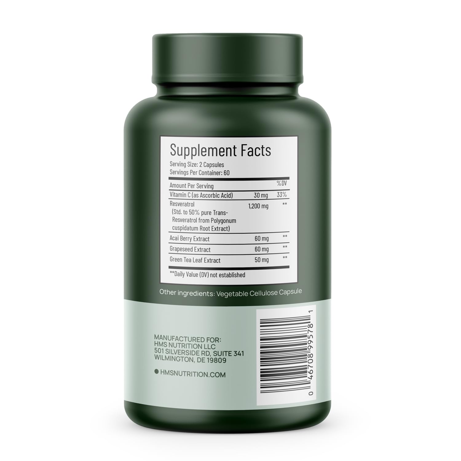 HMS Nutrition Resveratrol with acai, grape seed and green tea displayed as a polyphenol blend.