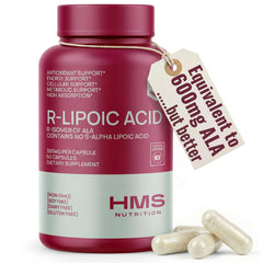 HMS Nutrition Stabilized R-Lipoic Acid 300 mg bottle highlights potency for nerve and metabolism support.