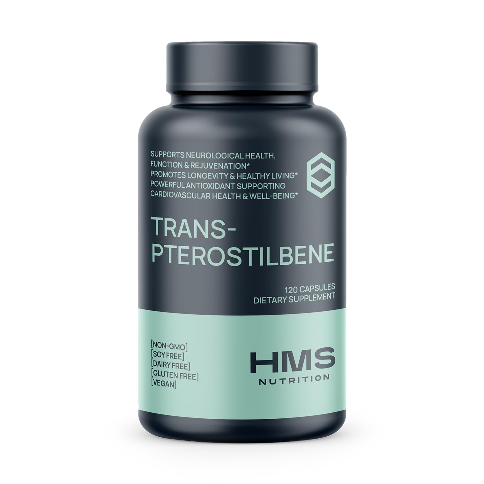 HMS Nutrition Trans-Pterostilbene 200 mg bottle highlighting antioxidant support and clean vegan formula.