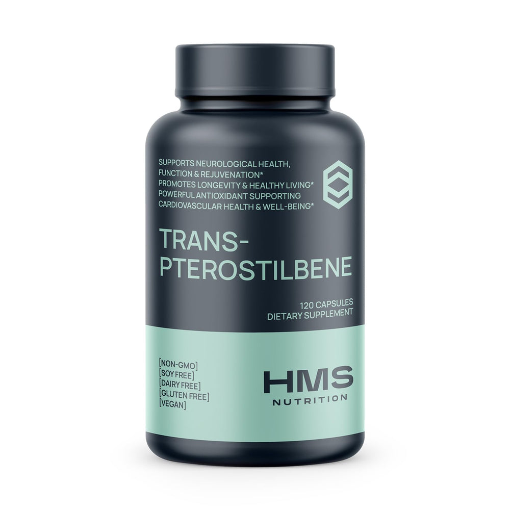 HMS Nutrition Trans-Pterostilbene 200 mg bottle highlighting antioxidant support and clean vegan formula.