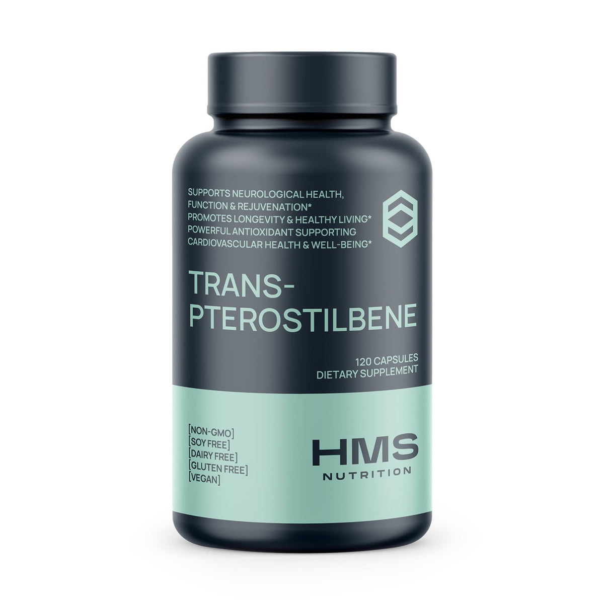 HMS Nutrition Trans-Pterostilbene 200 mg bottle highlighting antioxidant support and clean vegan formula.