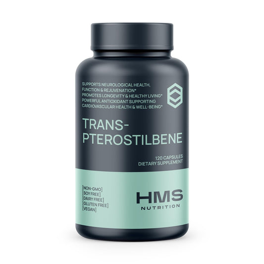 HMS Nutrition Trans-Pterostilbene 200 mg bottle highlighting antioxidant support and clean vegan formula.