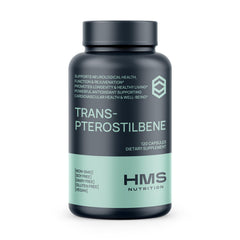 HMS Nutrition Trans-Pterostilbene 200 mg bottle highlighting antioxidant support and clean vegan formula.