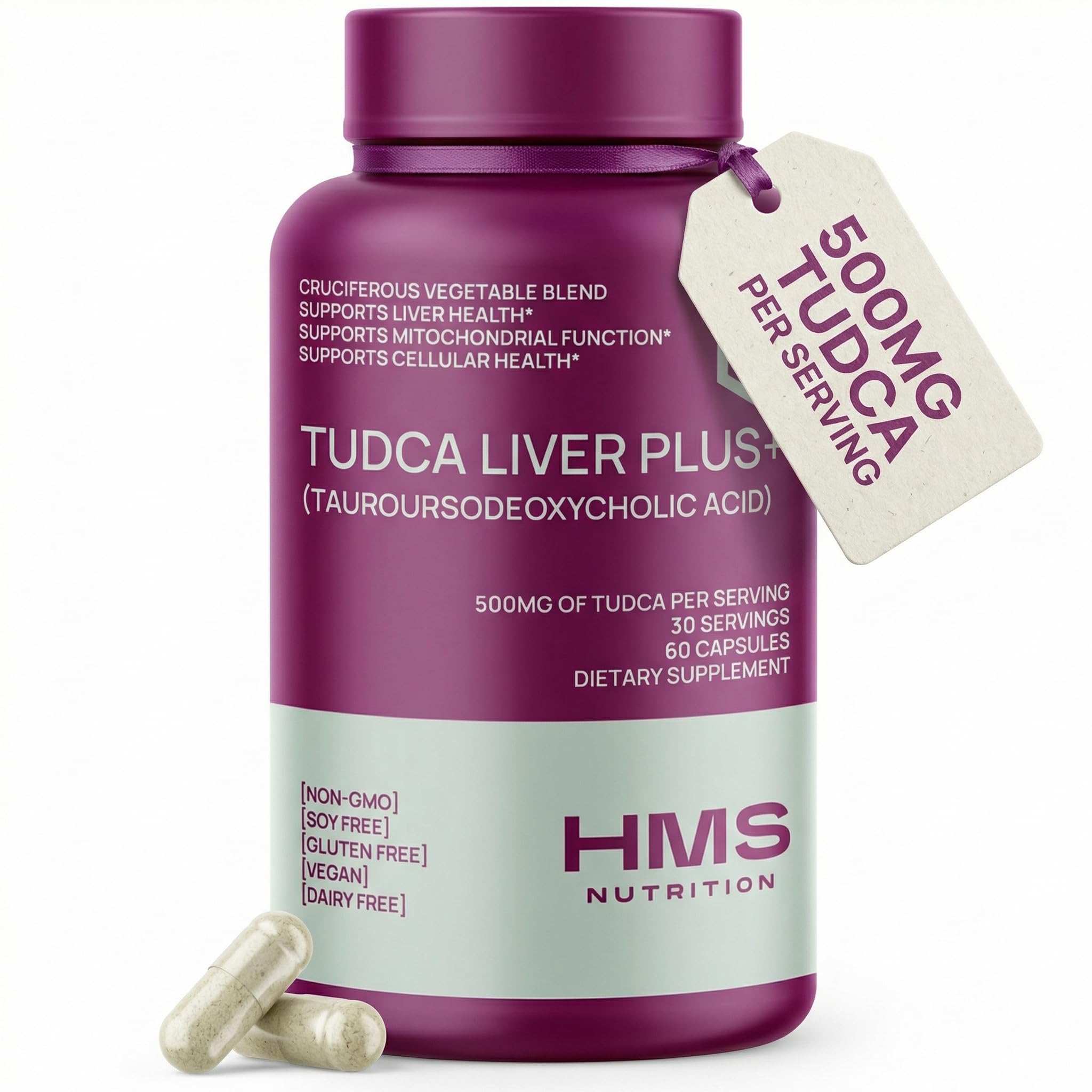 HMS Nutrition Tudca Liver Plus capsules on bottle for liver support