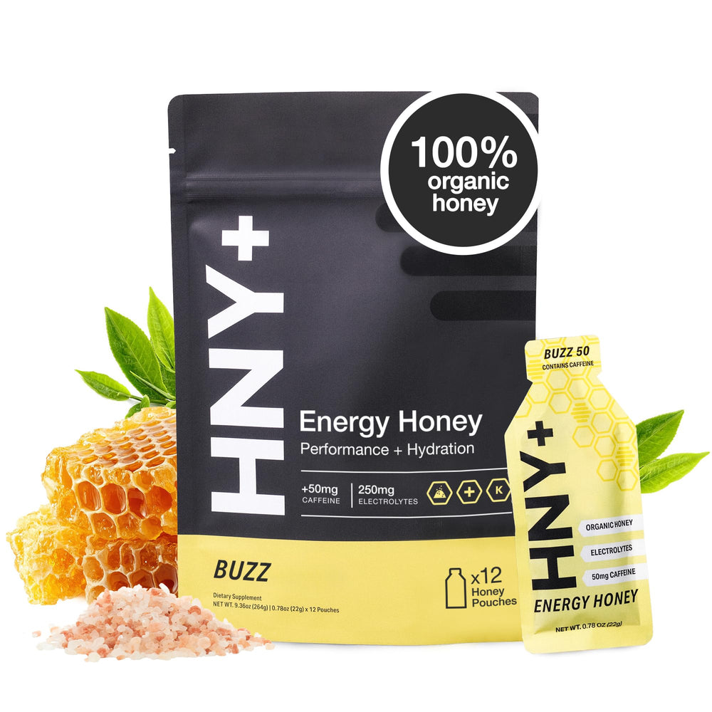 HNY+ Buzz energy gel bottle close-up showing honey texture for quick energy