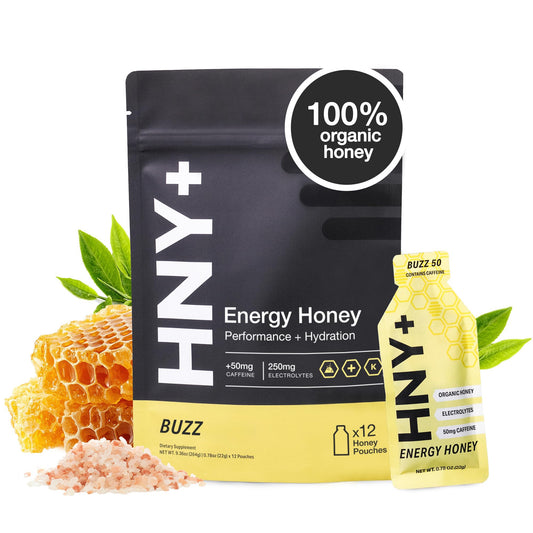 HNY+ Buzz energy gel bottle close-up showing honey texture for quick energy