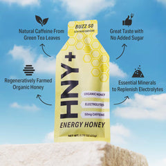 HNY+ Buzz gel pouch in hand for portable workout energy
