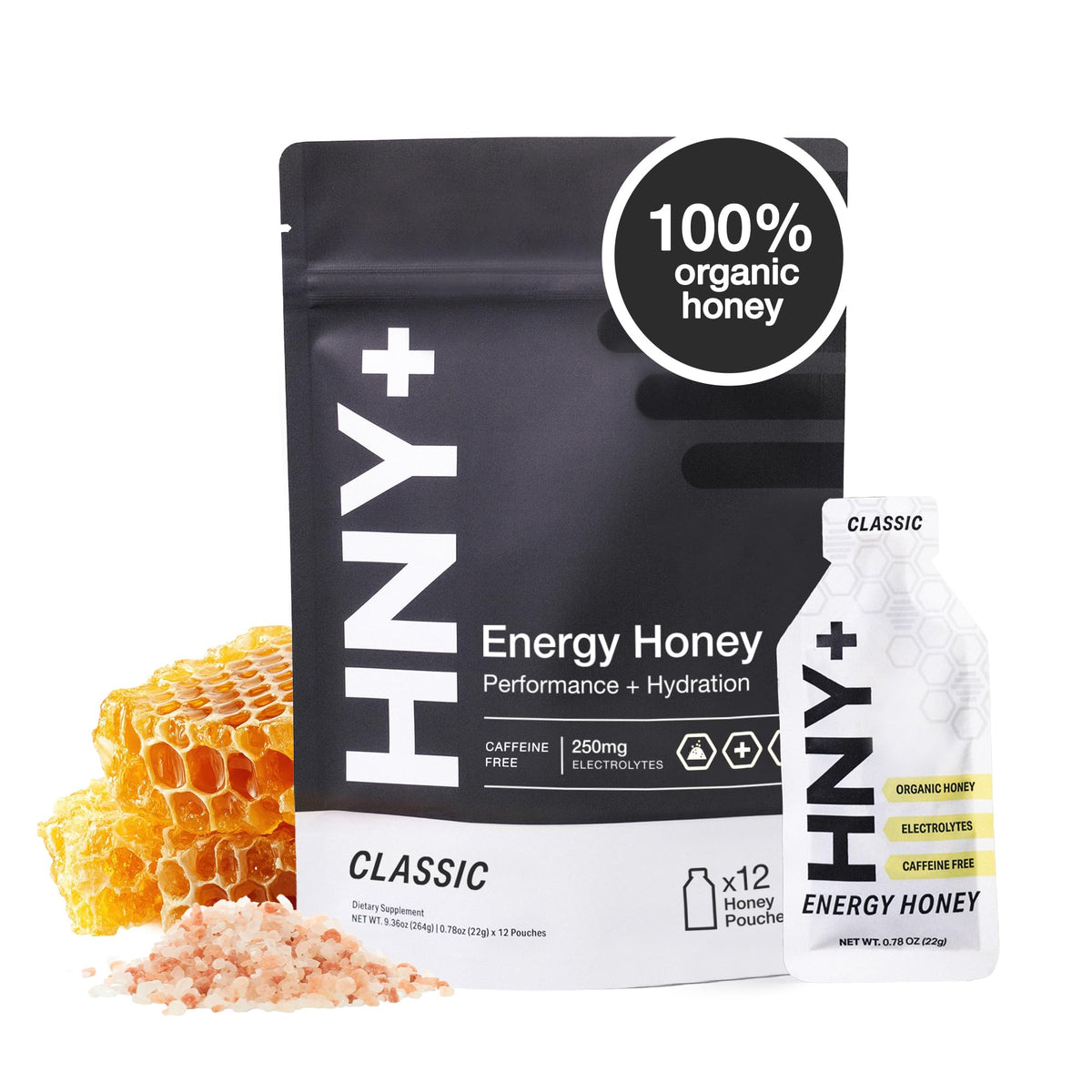 HNY+ Organic Honey Energy Gel pack ready for on the go fueling during workouts.