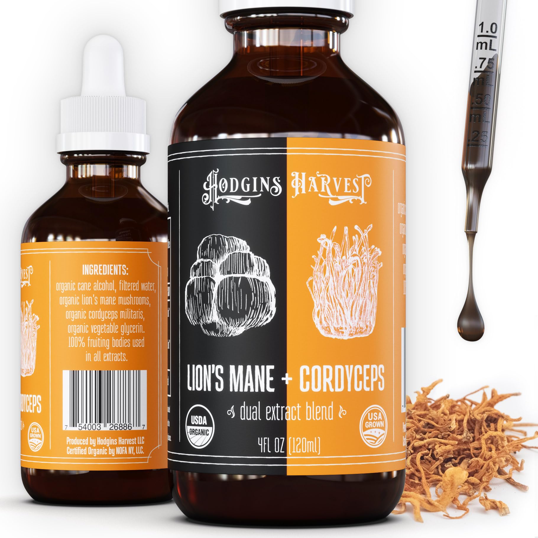 Hodgins Harvest organic Lion's Mane Cordyceps tincture bottle for daily focus