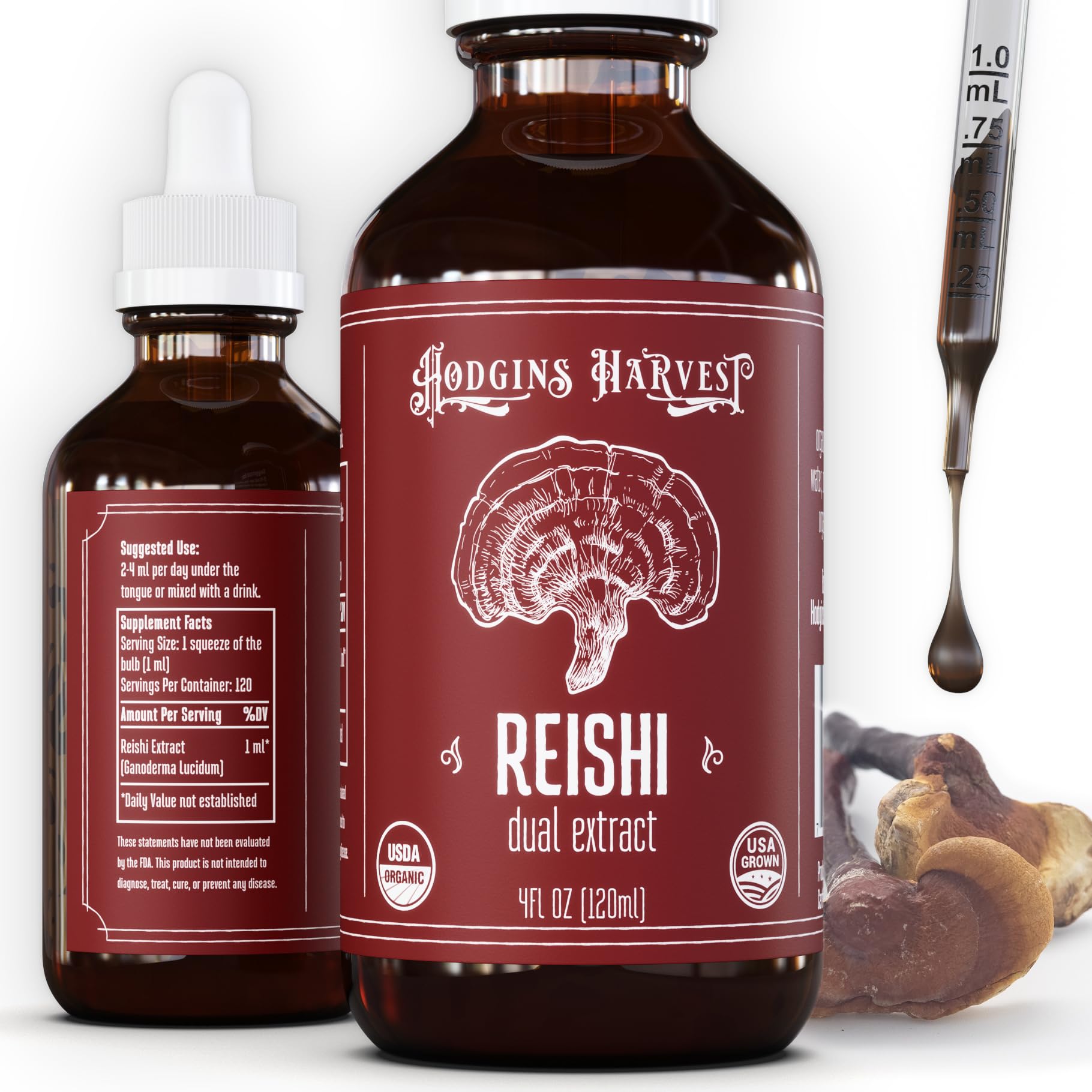 Hodgins Harvest Reishi extract bottle on countertop for daily wellness.