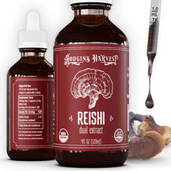 Hodgins Harvest Reishi extract bottle on countertop for daily wellness.