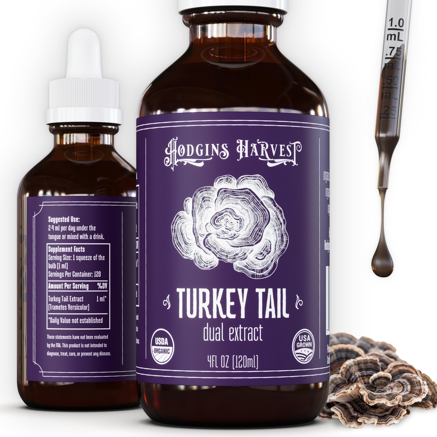Hodgins Harvest Turkey Tail tincture bottle showing premium extract for daily wellness