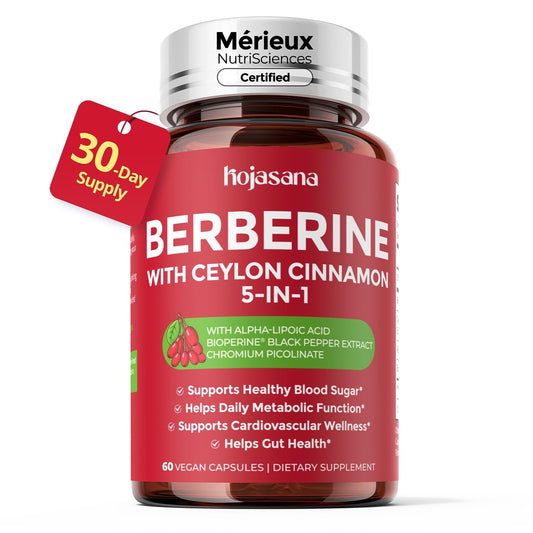 HojaSana Berberine 1600mg bottle with label for daily glucose-support.