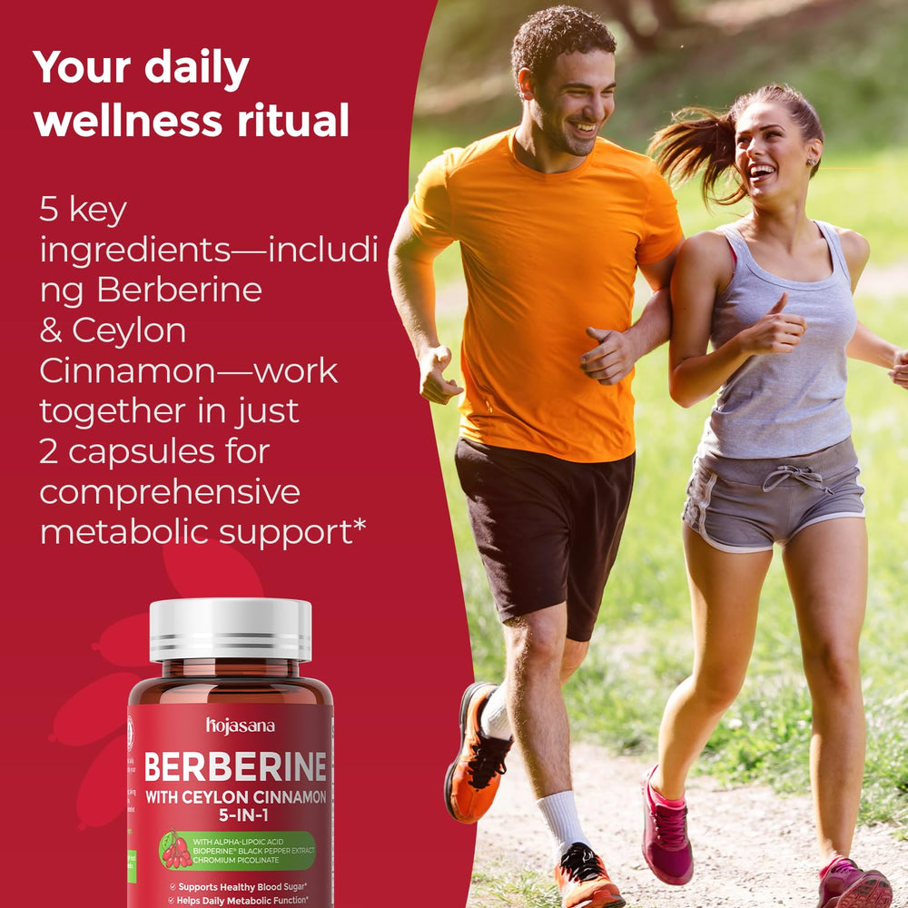 HojaSana Berberine bottle pour showing simple meal-based dosing.