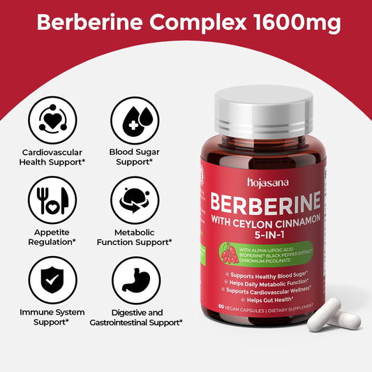 HojaSana Berberine capsules closeup for easy daily intake.