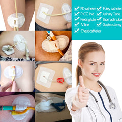 Hola Health waterproof stay-on patch maintains tube security through daily activities.
