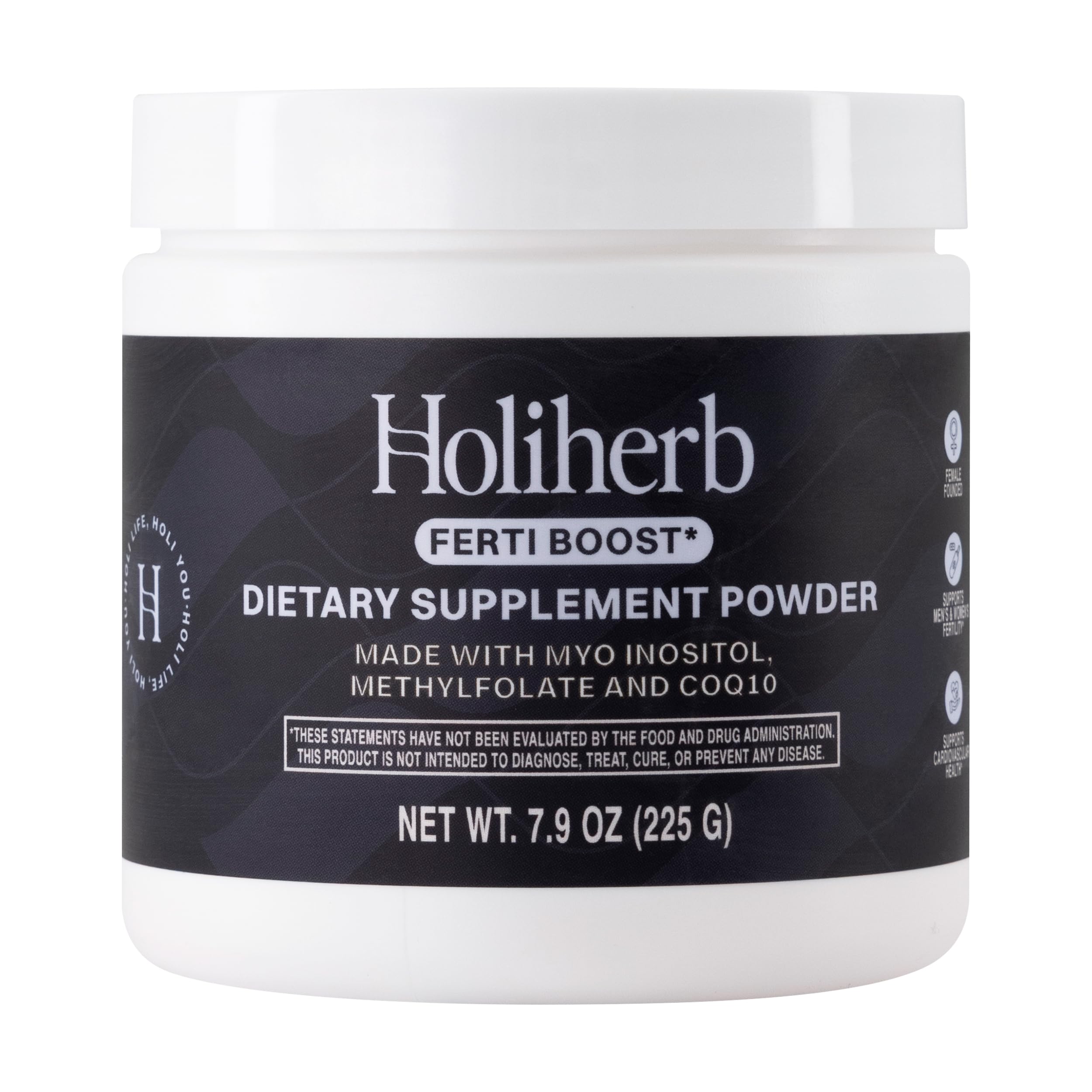 Holiherb Myo Inositol powder bottle showing 50-day supply and clean ingredients.