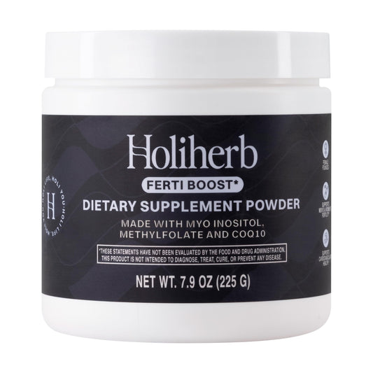 Holiherb Myo Inositol powder bottle showing 50-day supply and clean ingredients.