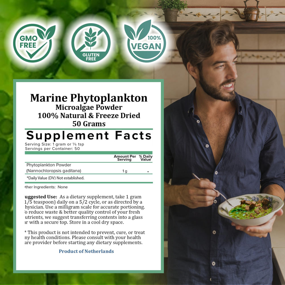 Holistic Bin Marine Phytoplankton powder closeup, fine texture and purity.