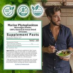 Holistic Bin Marine Phytoplankton powder closeup, fine texture and purity.