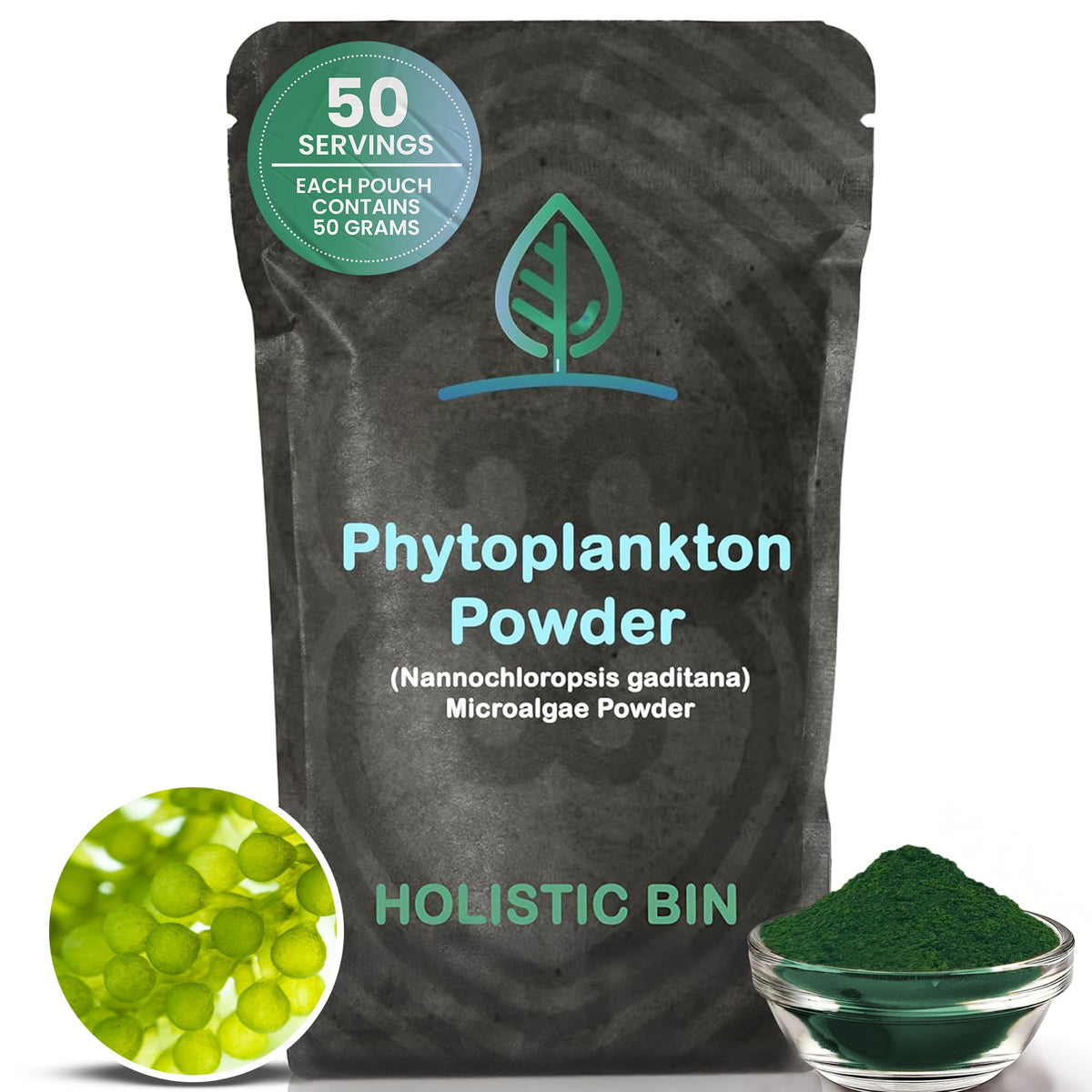 Holistic Bin Marine Phytoplankton powder packaging front, Nordic-sourced nutrition.