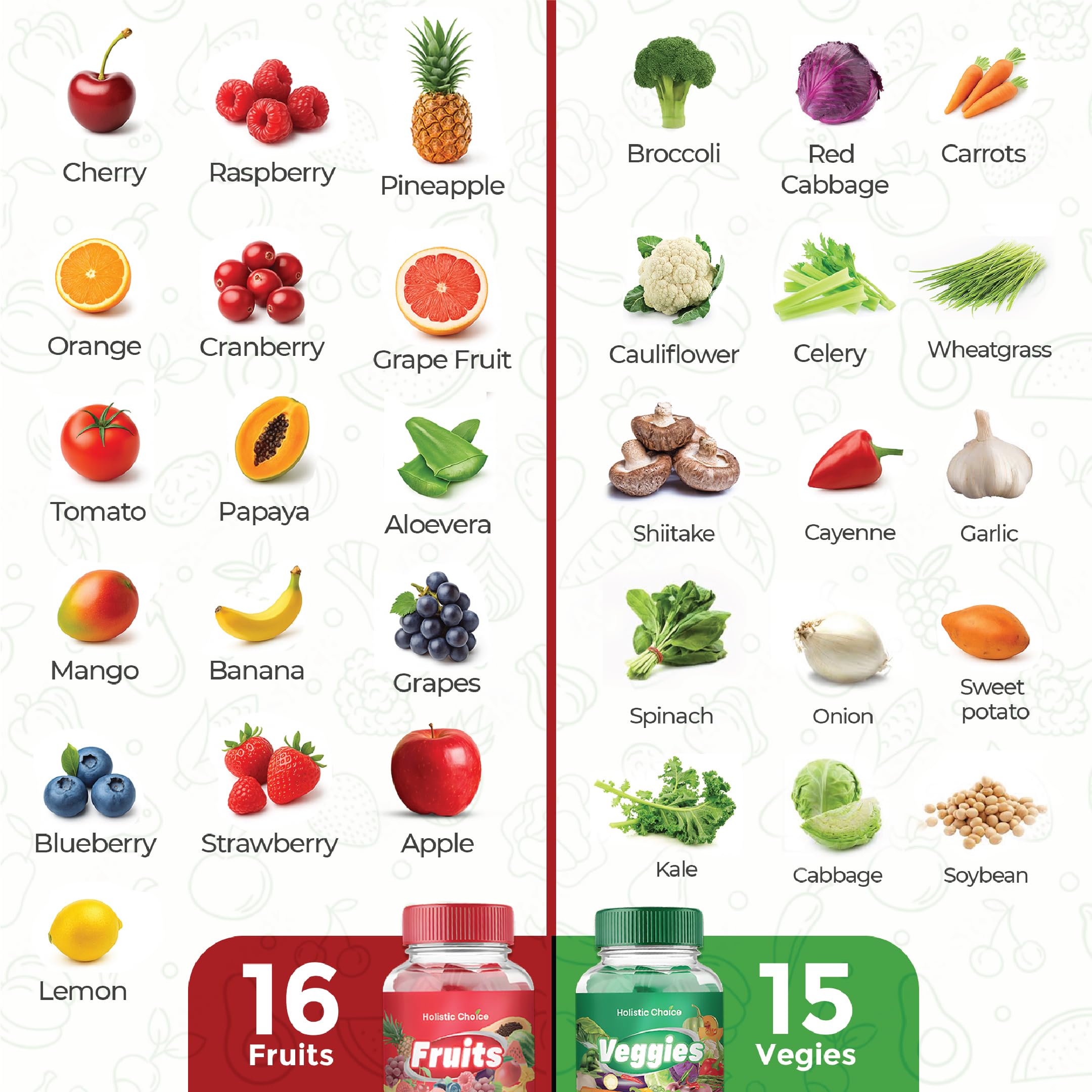 Holistic Choice Fruits Gummies close-up texture, juicy berry bite for daily nutrition