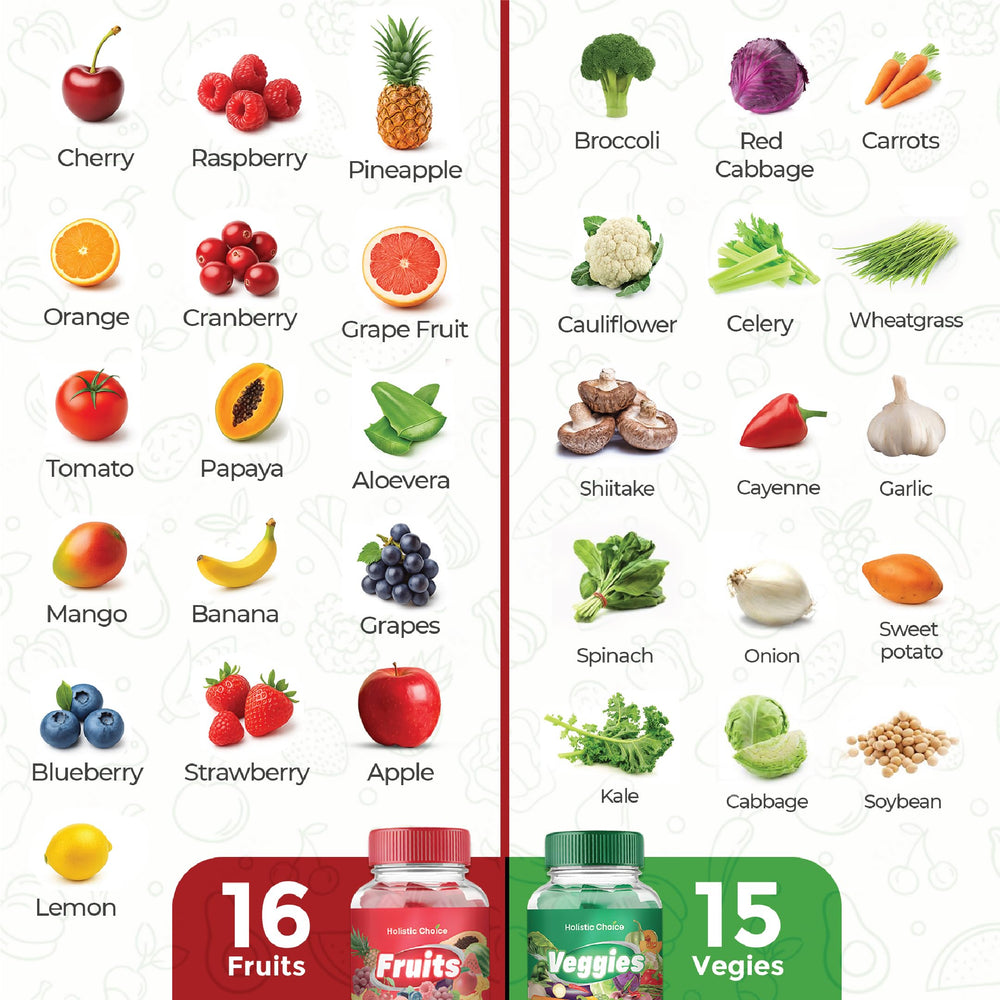 Holistic Choice Fruits Gummies close-up texture, juicy berry bite for daily nutrition