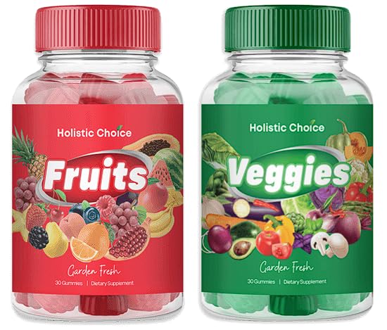 Holistic Choice Veggies Gummies vegetable bottle front, garden flavors that kids enjoy for easy supplementation