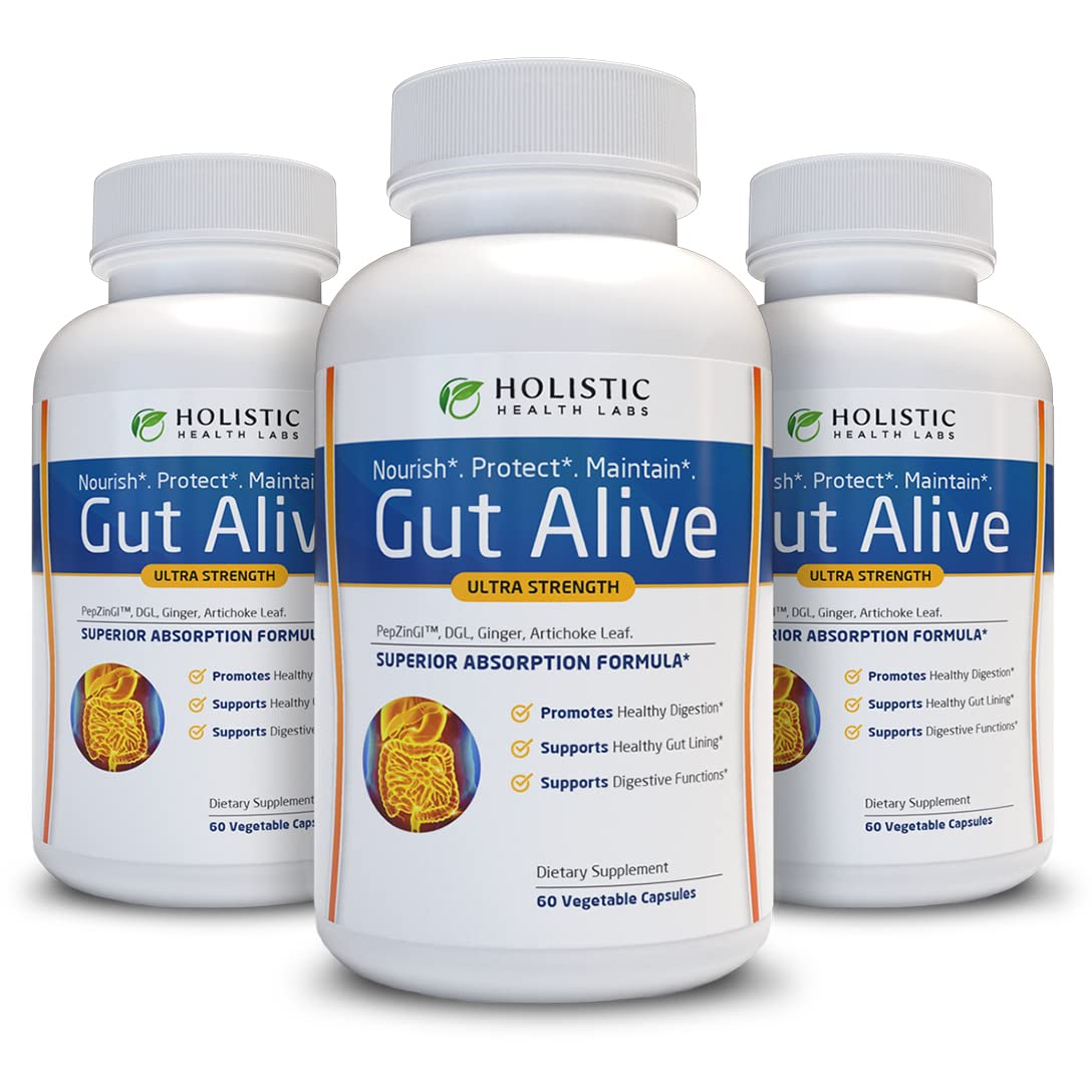 Holistic Health Labs Gut Alive bottle shown for everyday digestive comfort.