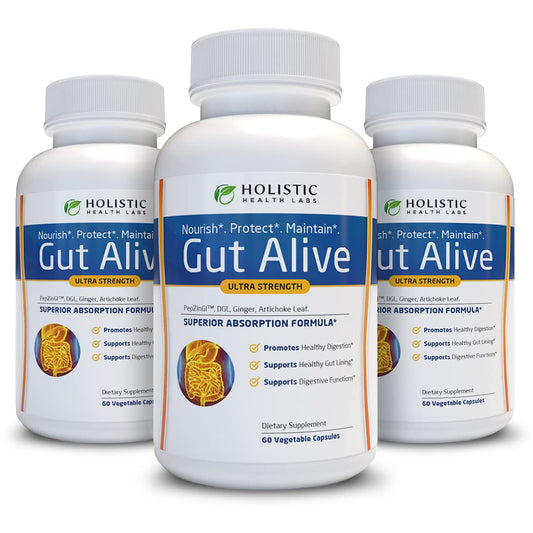 Holistic Health Labs Gut Alive bottle shown for everyday digestive comfort.