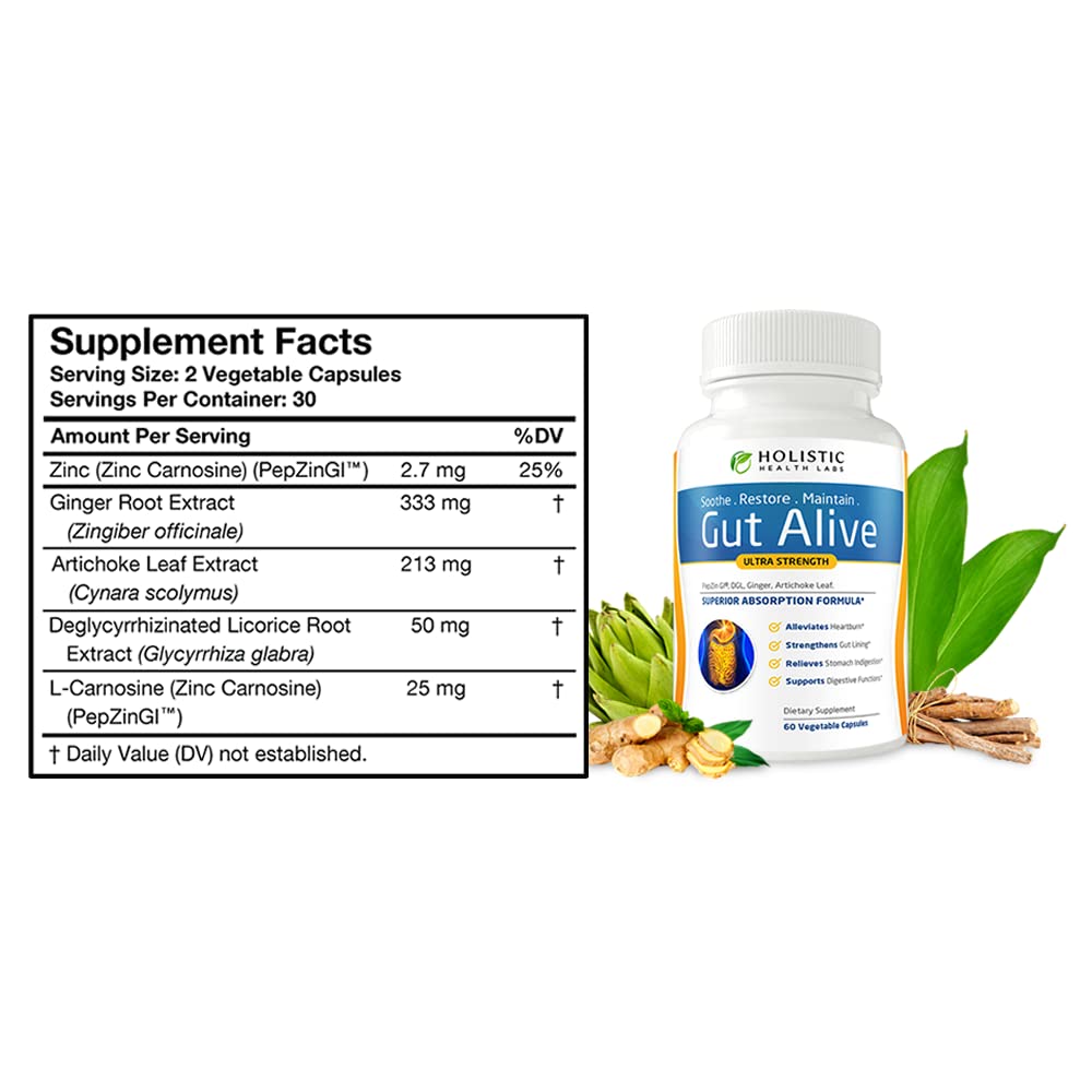Gut Alive capsules close-up highlighting zinc-carnosine blend for gut lining support.