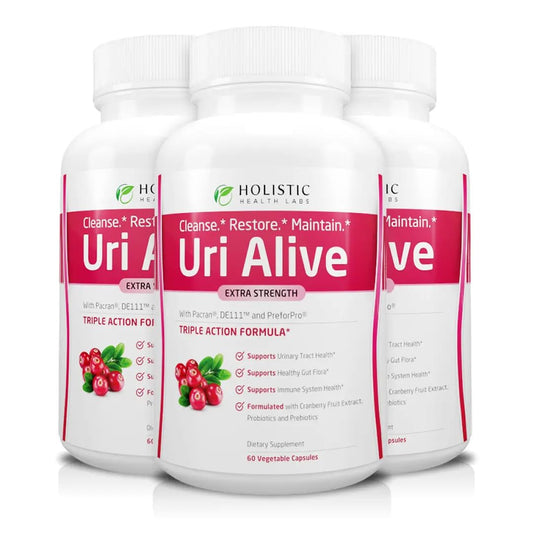 Holistic Health Labs Uri Alive extra strength bottle supports urinary tract health with cranberry and probiotics.
