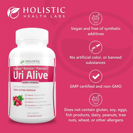 Uri Alive label close-up highlighting patented cranberry extract for urinary support