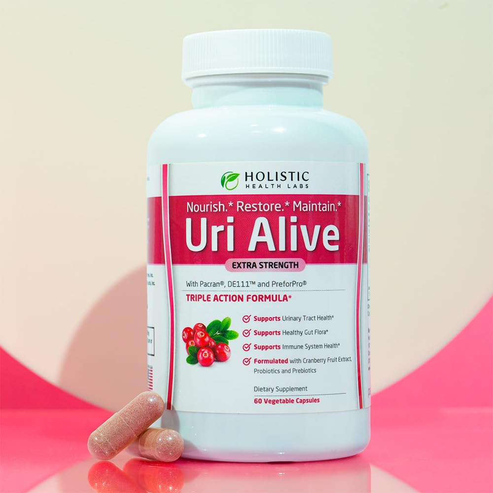 Uri Alive pill closeup showing capsules for gut and urinary health