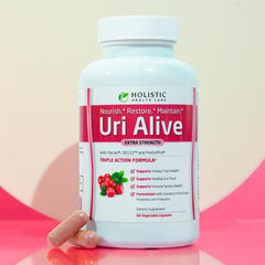 Uri Alive pill closeup showing capsules for gut and urinary health