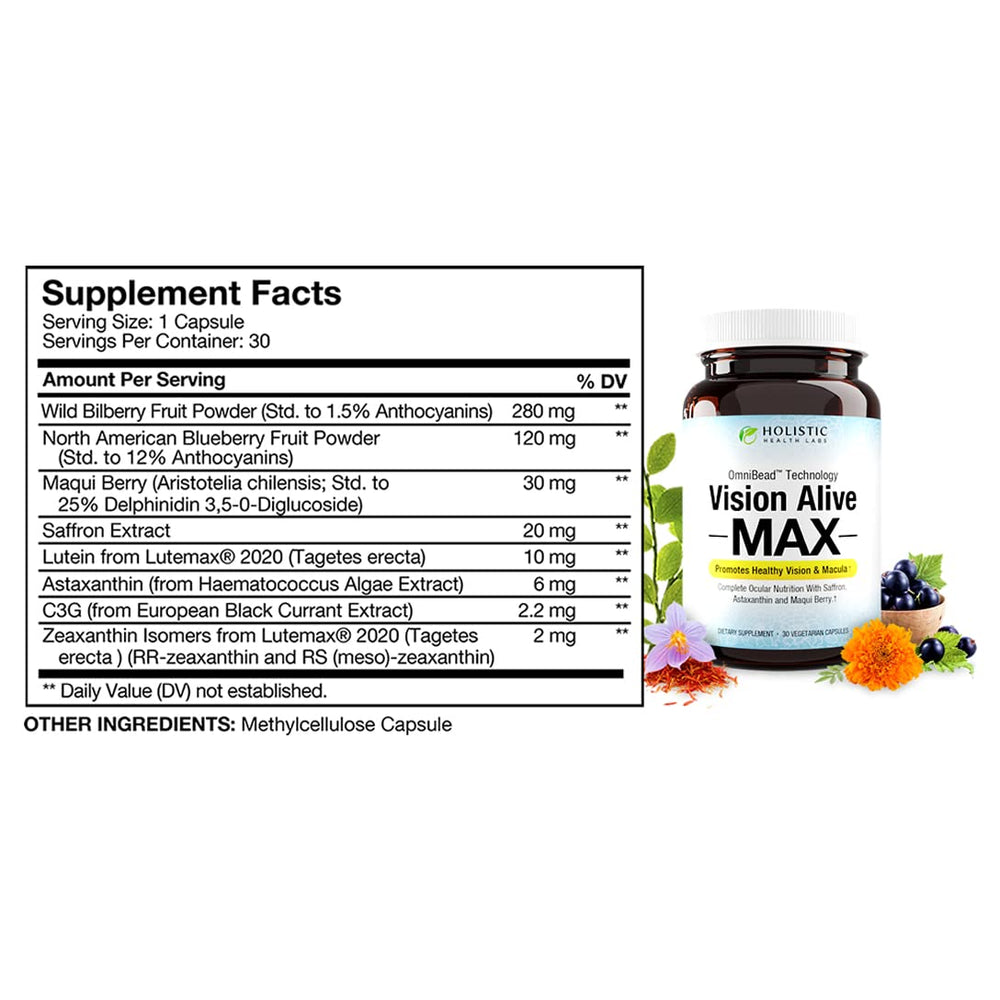 Holistic Health Labs Vision Alive Max bottle showcasing label and ingredient highlights.