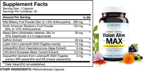 Vision Alive Max capsule close-up with natural ingredients for daily eye health support.