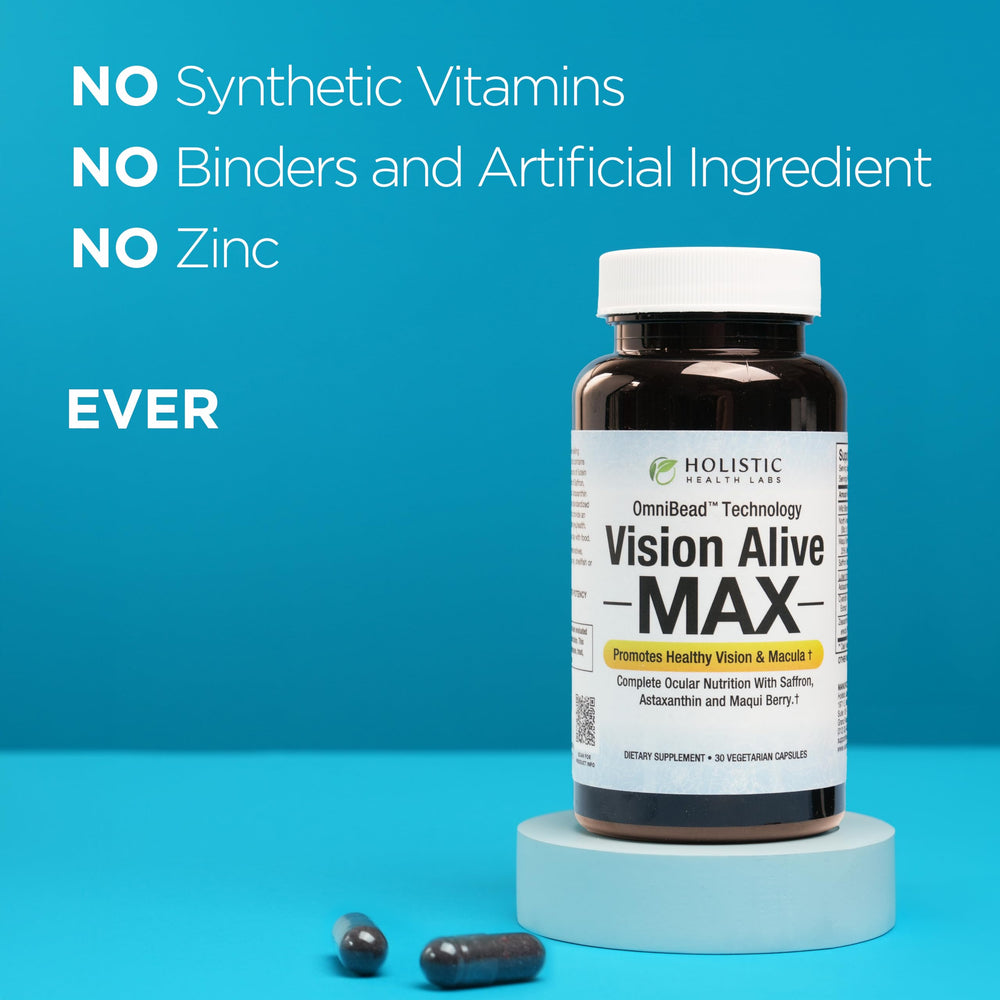 Vision Alive Max capsules beside a berry backdrop for natural ingredient appeal.