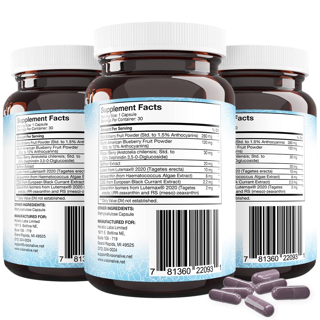 Holistic Health Labs Vision Alive Max bottle with saffron and astaxanthin details.