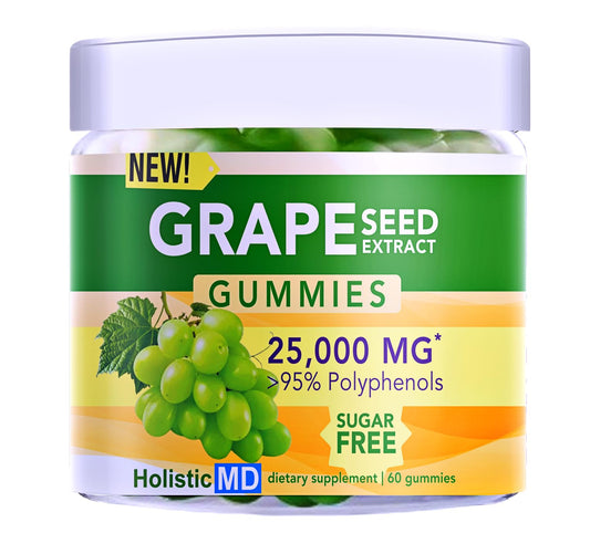 Holistic MD Grape Seed Gummies bottle front view, sugar free vegan formula for daily antioxidant support