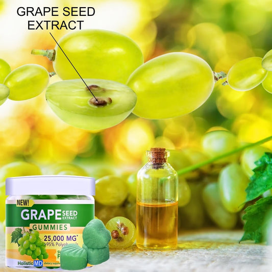 Holistic MD Grape Seed Gummies packaging box shown for easy daily dosing and premium quality