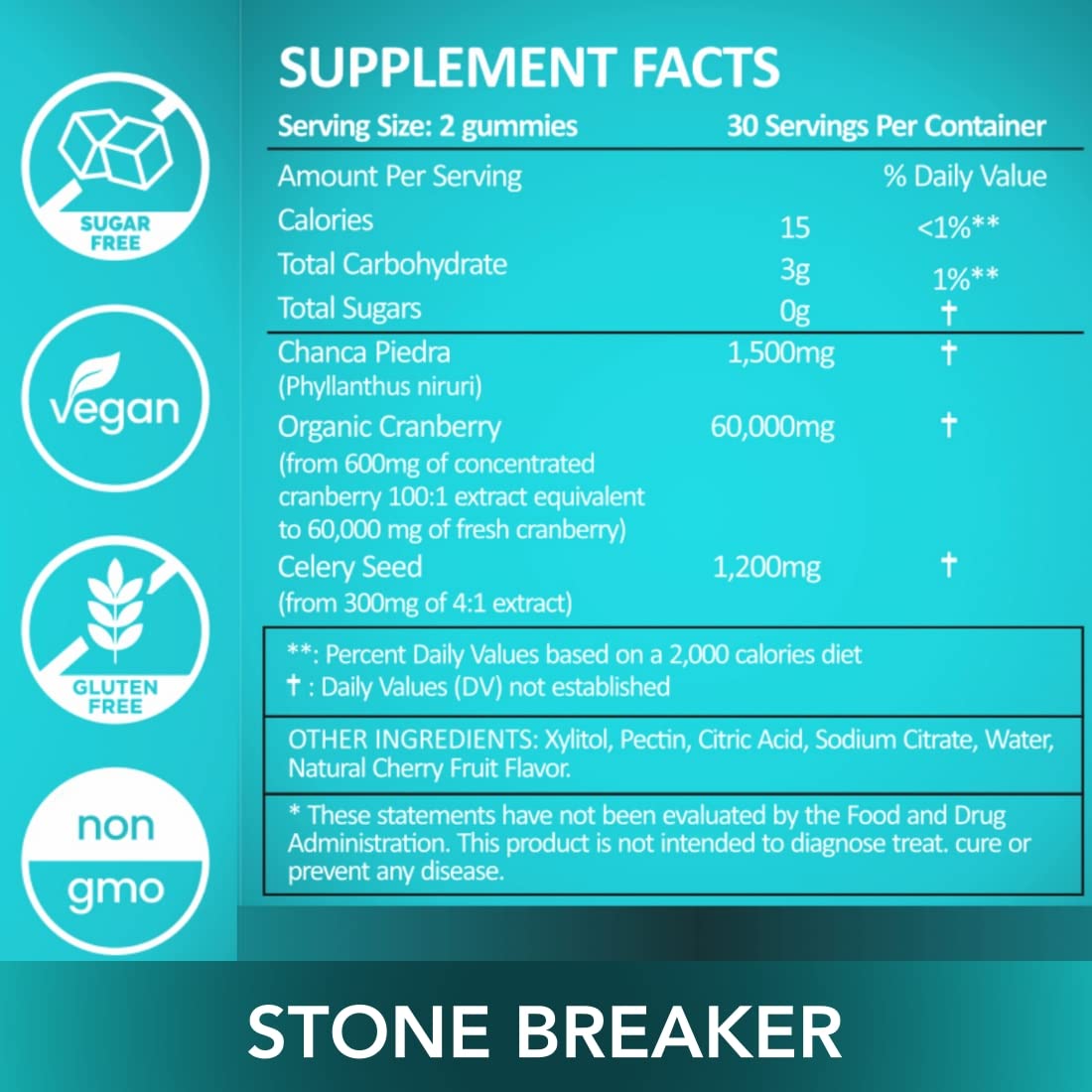 Holistic MD Stone Breaker bottle shows vegan and non-GMO seals for quality.